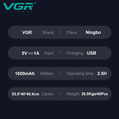 product specification graphic banner for authentic vgr voyager brand displaying 5v 1a input charging via usb 1600mah high capacity battery 2.5 hours operating runtime and export carton shipping dimensions and weight details