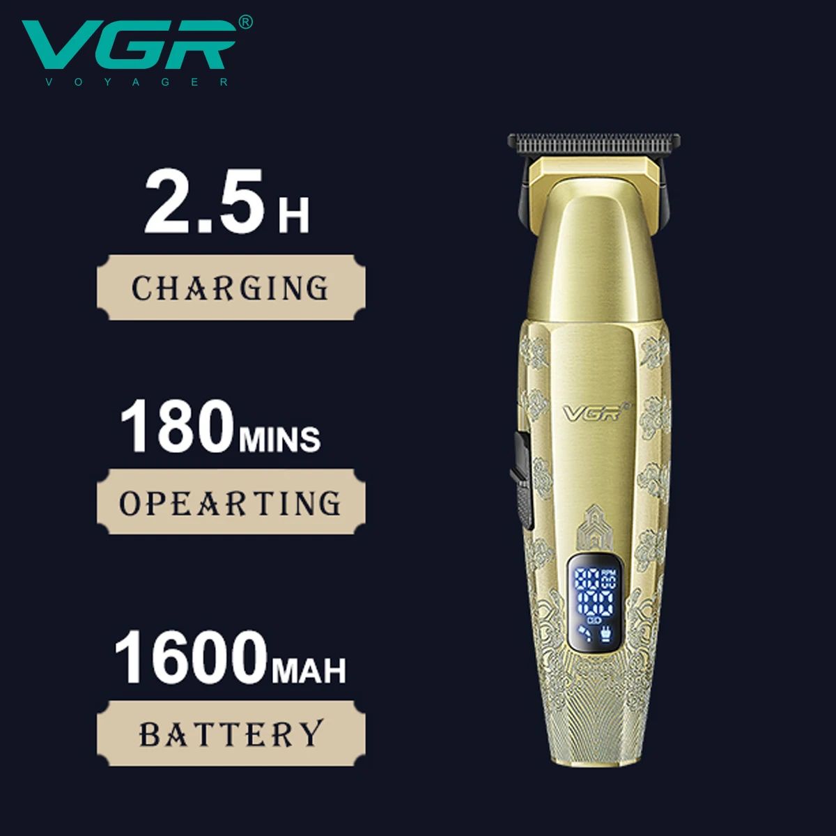 marketing graphic highlighting core features of vgr v-265 trimmer showing front profile of the gold metal zero cut machine alongside text highlights indicating 2.5h charging time 180 mins operating runtime and 1600mah battery capacity