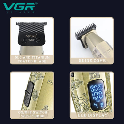four quadrant feature layout showcasing close up of vgr v-265 dlc and titanium coated blade attached black plastic guide comb textured on off switch with turbo mode slider and digital led status display indicator panel