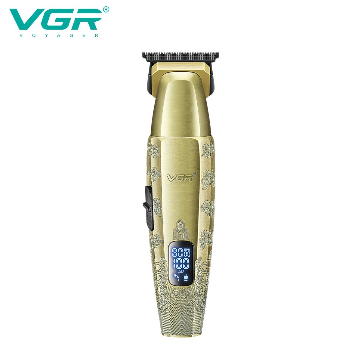clean isolated studio shot of the original vgr v-265 professional cordless hair trimmer highlighting the vintage gold antique finish engraved patterns on off speed switch and digital battery percentage led screen on a pure white background