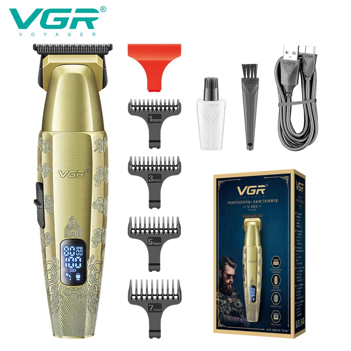 complete e-commerce product layout for shopify showing vgr v-265 haircut machine kit with red protection guard four black attachment cutting combs 1mm 3mm 5mm 7mm lubricating oil bottle cleaning brush usb type-c cable and branded retail box packaging