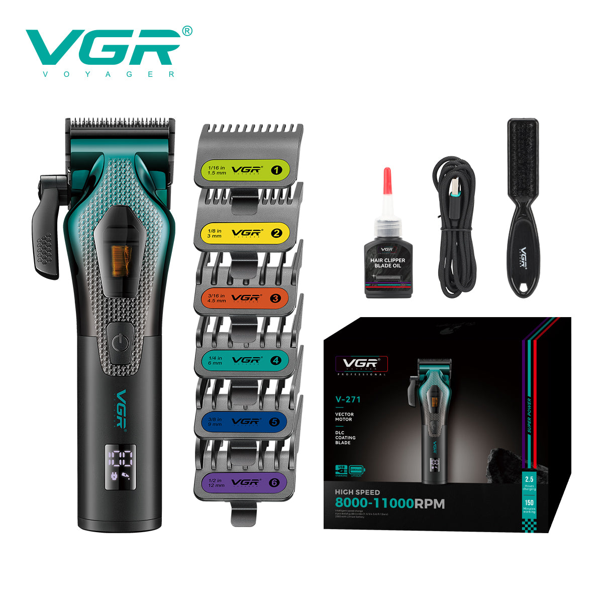 VGR V-271 hair clipper kit with 6 color-coded guide combs, USB Type-C cable, blade oil, cleaning brush, and packaging box