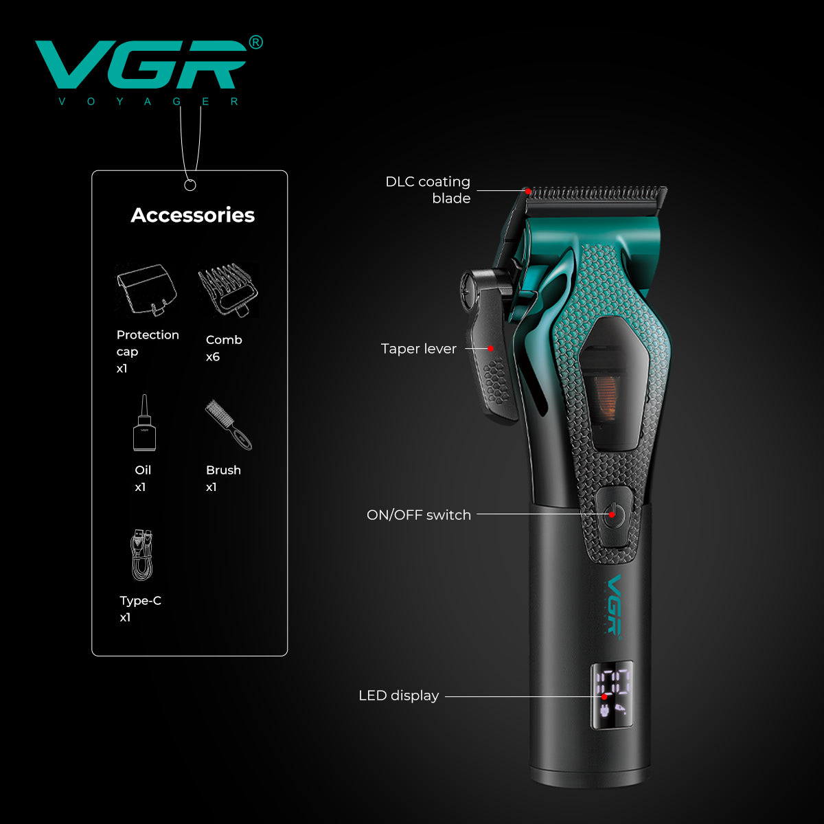 VGR V-271 professional hair clipper diagram showing DLC ceramic blade, taper lever, ON OFF switch, and digital LED display