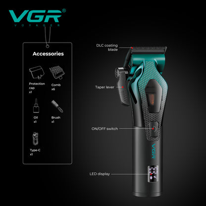 VGR V-271 professional hair clipper diagram showing DLC ceramic blade, taper lever, ON OFF switch, and digital LED display