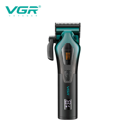Front view of VGR V-271 hair clipper featuring DLC ceramic blades, side taper lever, power button, and digital battery indicator