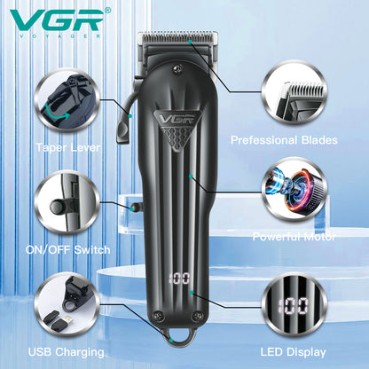 VGR V-282 professional hair trimmer features including adjustable taper lever, stainless steel blades, powerful motor, and LED battery display - VGR Pakistan