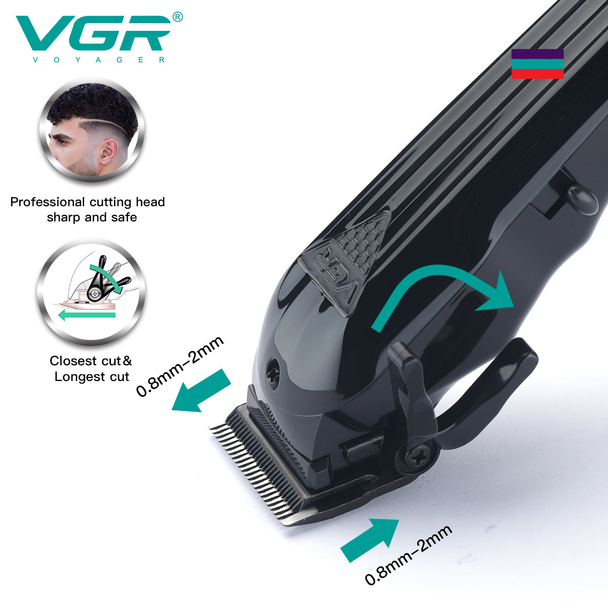 VGR V-282 professional hair trimmer adjustable blade settings from 0.8mm to 2mm with taper lever for precise fading - VGR Pakistan