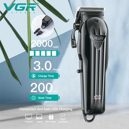 VGR V-282 hair trimmer charging specifications featuring a 2000mAh battery, 3-hour charge time, and 200-minute cordless work time with USB charging compatibility - VGR Pakistan