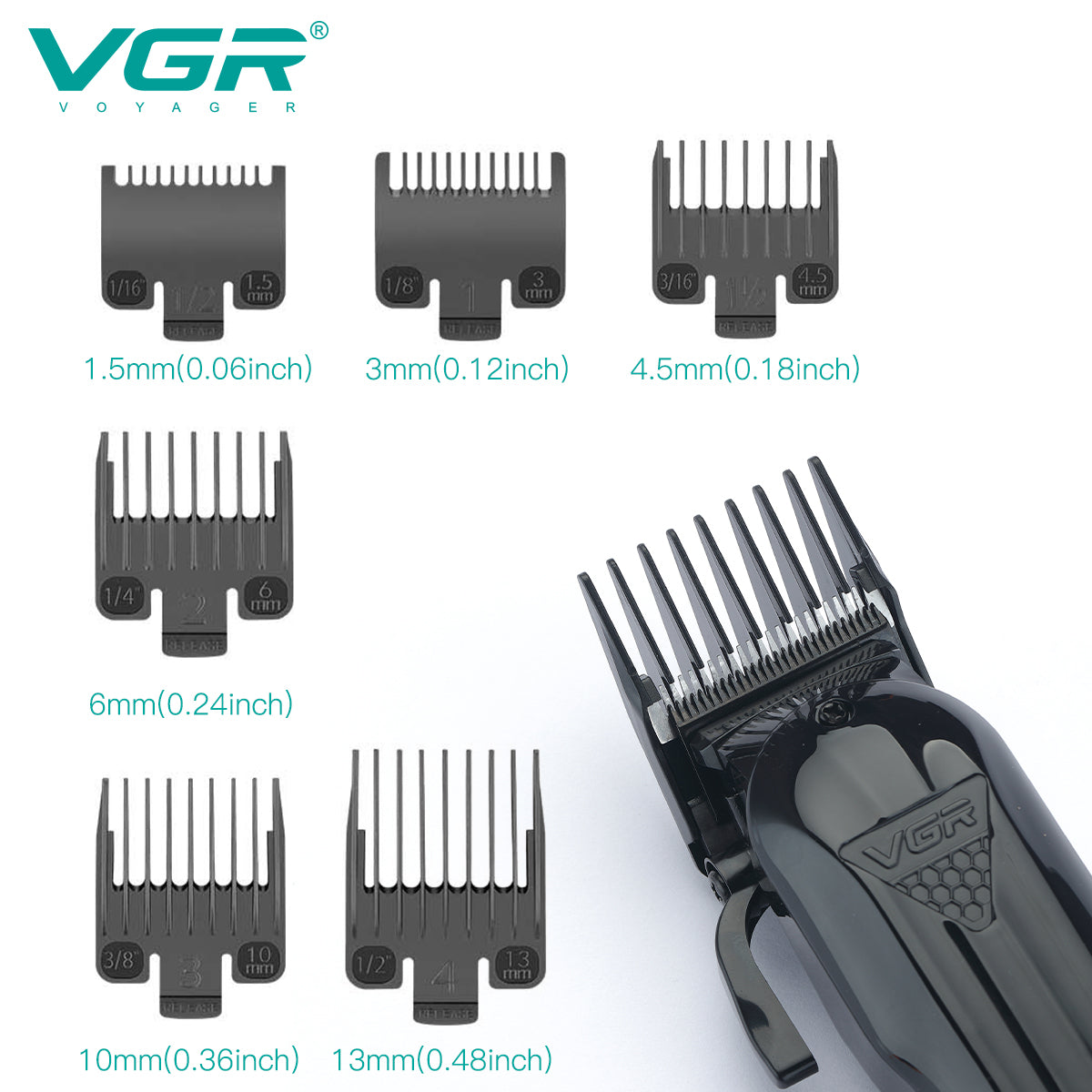 VGR V-282 hair clipper guide combs set featuring six professional cutting lengths: 1.5mm, 3mm, 4.5mm, 6mm, 10mm, and 13mm for custom hair styling - VGR Pakistan