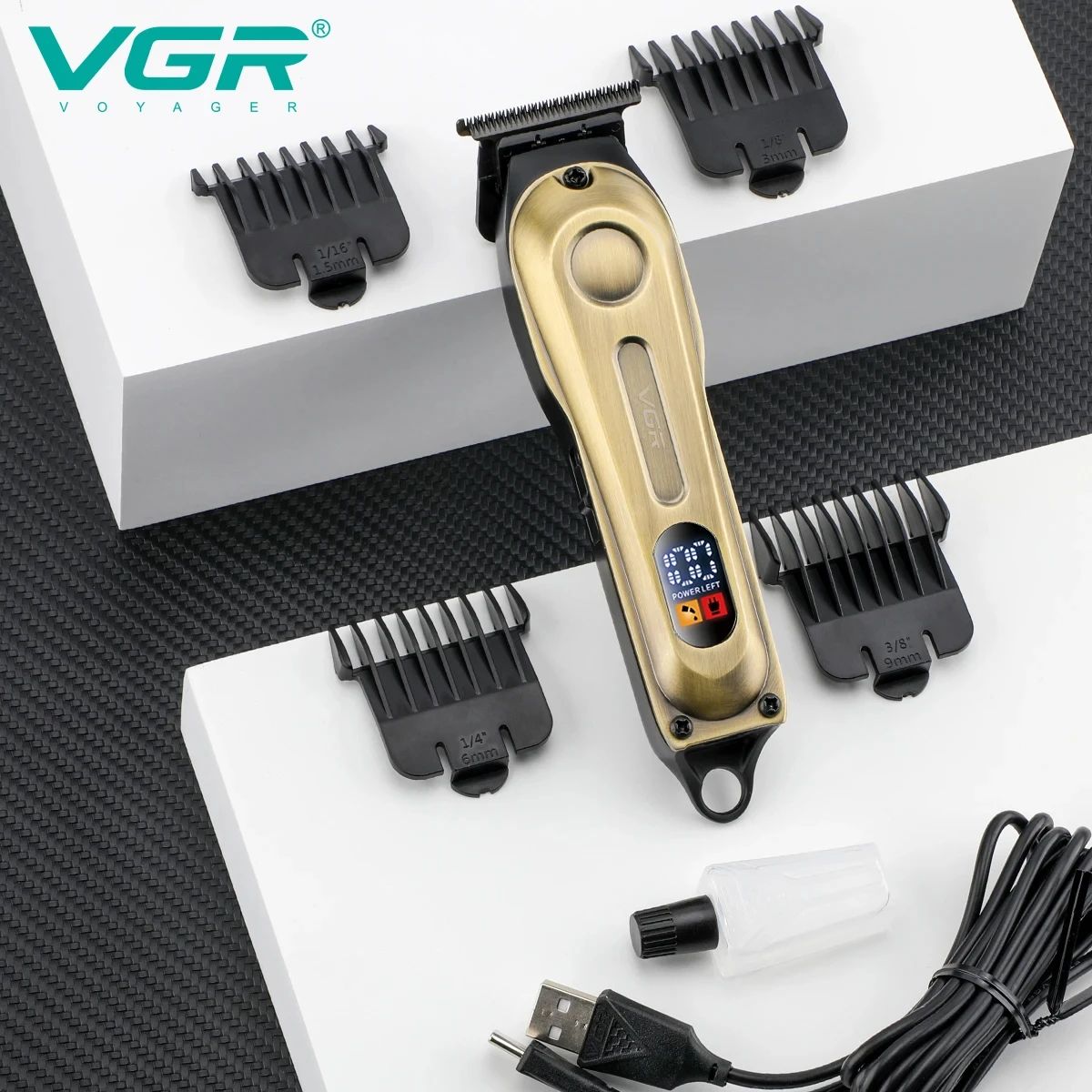 VGR V-294 professional retro metal hair trimmer kit with four attachment guide combs, cleaning oil, and USB charging cable