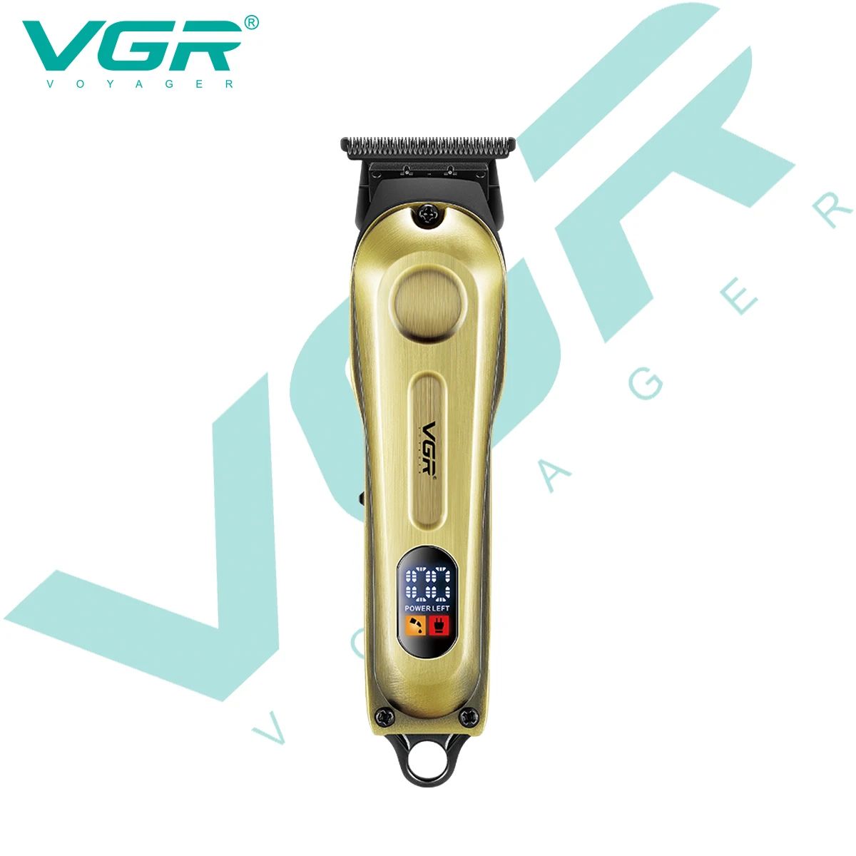 VGR V-294 vintage gold metal zero cut shaving machine with an integrated digital LED battery indicator display.