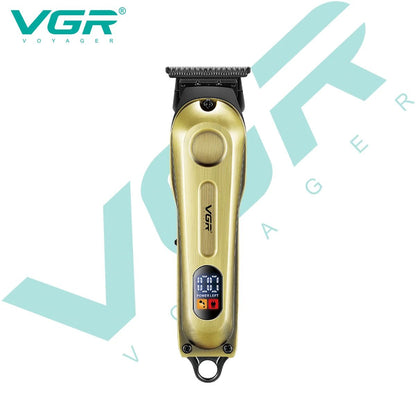 VGR V-294 vintage gold metal zero cut shaving machine with an integrated digital LED battery indicator display.