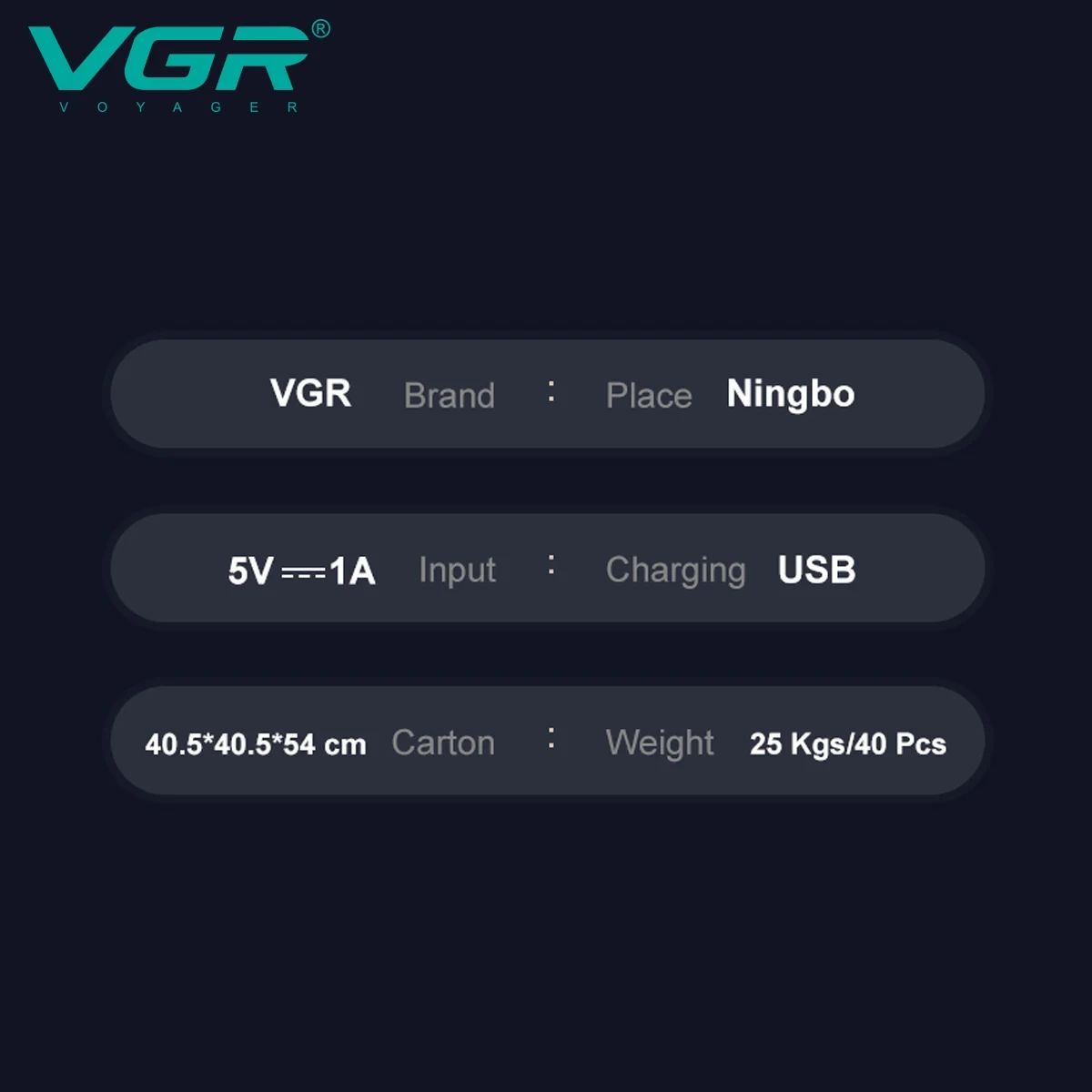 VGR V-294 technical production details showing 5V-1A USB charging input and manufacturing origin from Ningbo.