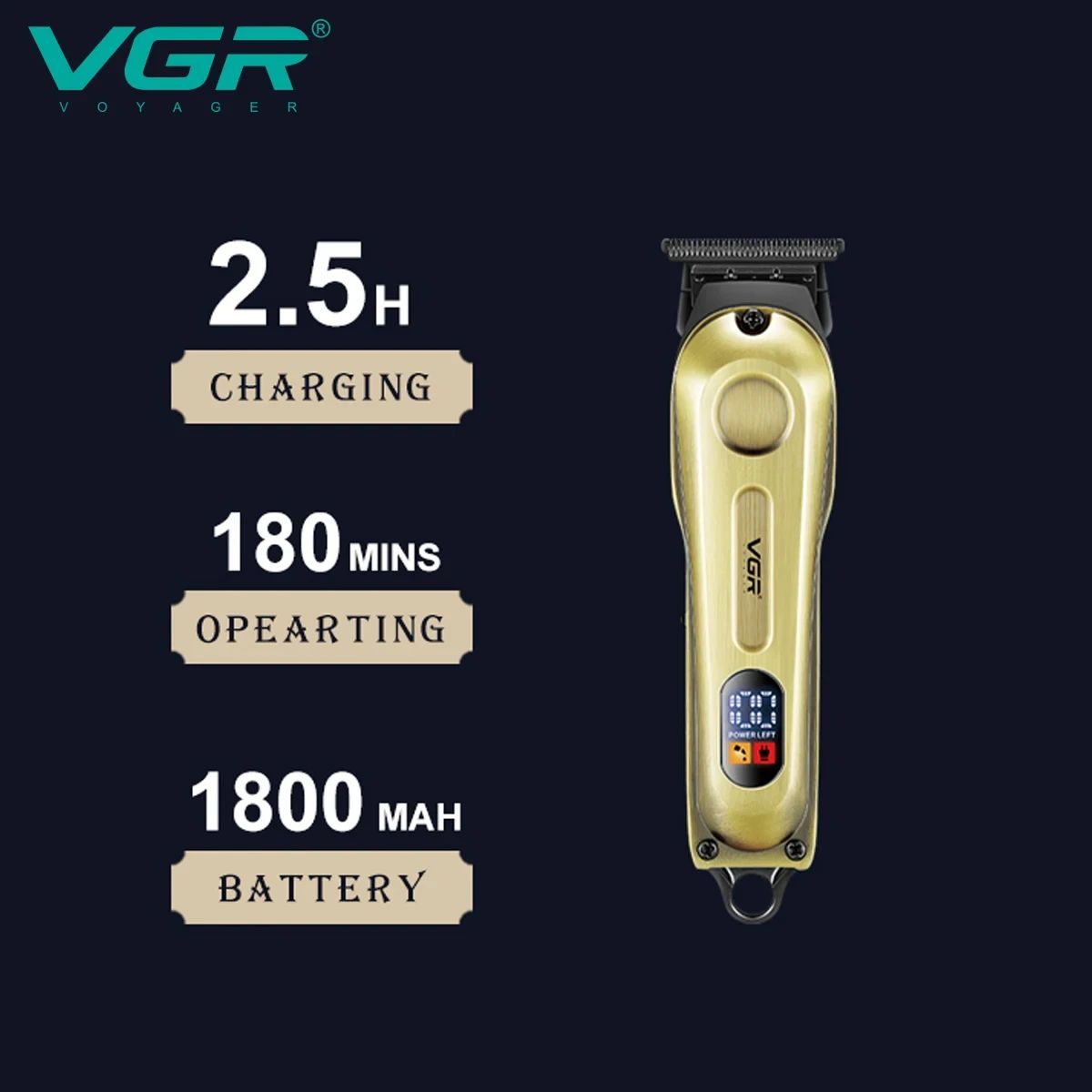 VGR V-294 trimmer specs display highlighting 2.5 hours charging time, 180 minutes runtime, and an 1800mAh battery capacity.