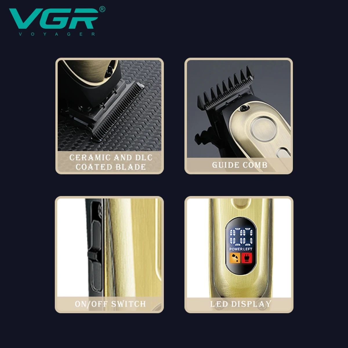 VGR V-294 key features highlighting the ceramic and DLC coated T-blade, guide comb attachment, power switch, and smart LED interface.
