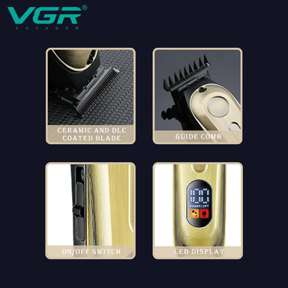 VGR V-294 key features highlighting the ceramic and DLC coated T-blade, guide comb attachment, power switch, and smart LED interface.