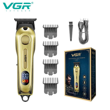 VGR V-294 retro barber khat machine shown next to its original retail box packaging, attachment guards, and USB cable.