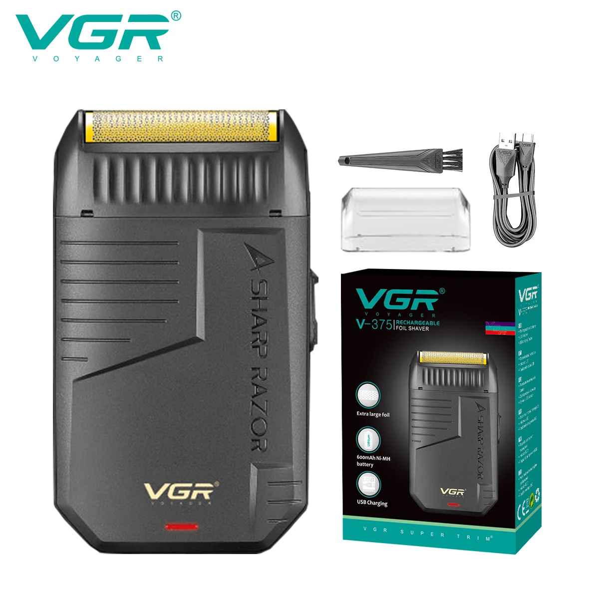 VGR V-375 electric foil shaver kit with cleaning brush, protective cap, USB cable, and retail box