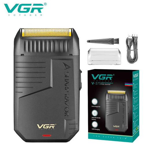 VGR V-375 electric foil shaver kit with cleaning brush, protective cap, USB cable, and retail box