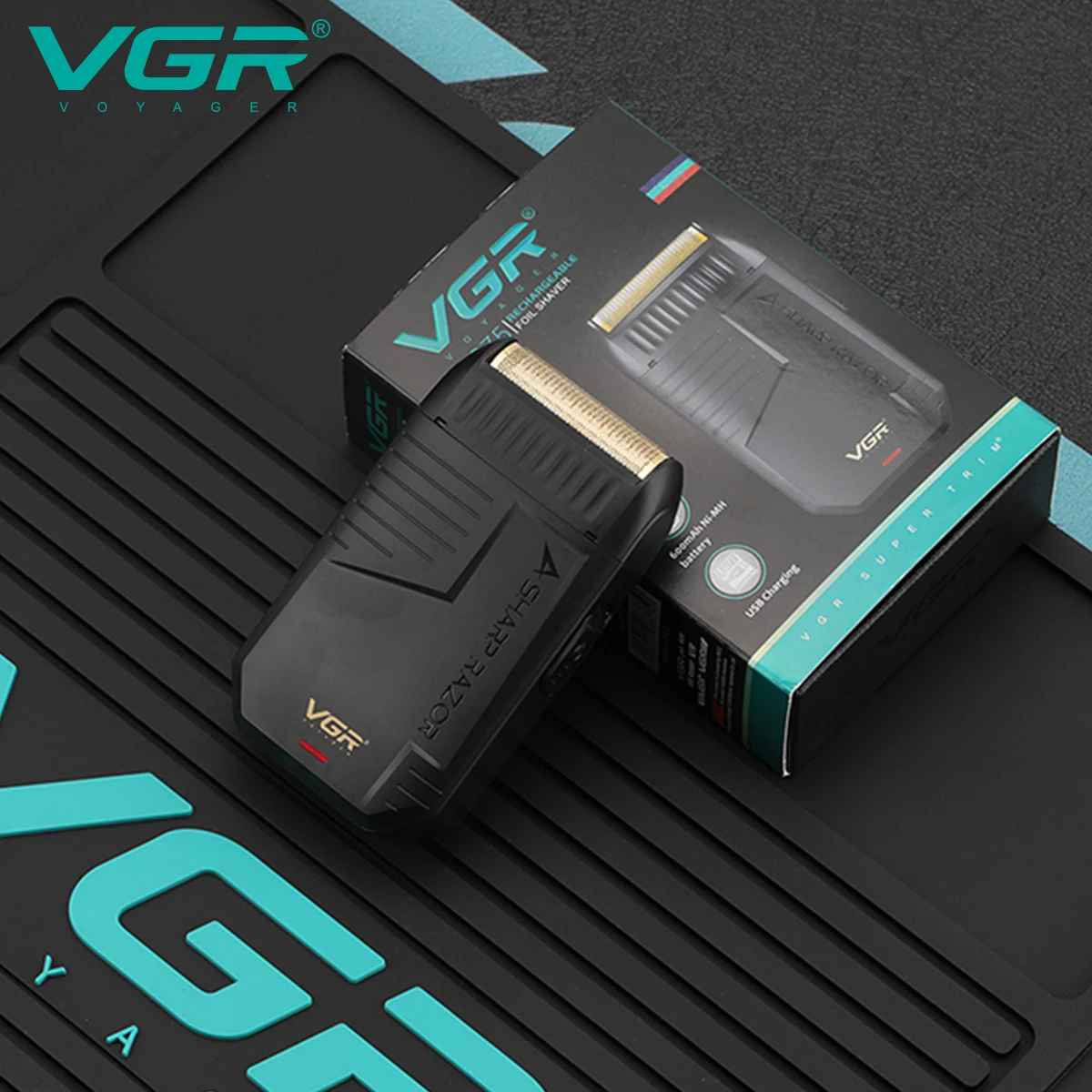 VGR V-375 rechargeable electric beard shaver resting next to its official product box