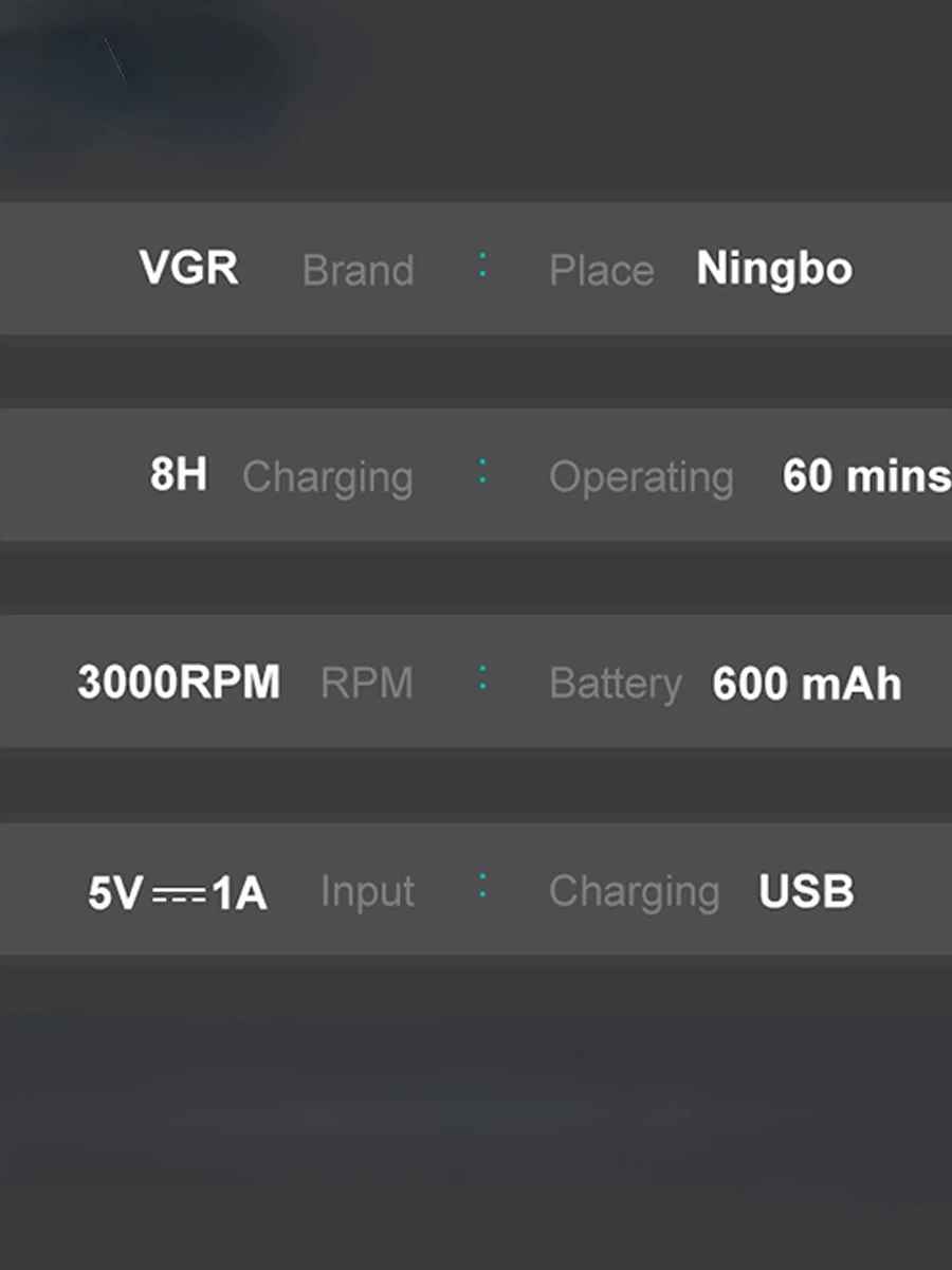 VGR V-375 technical specification chart showing 3000 RPM motor speed and 600mAh battery capacity