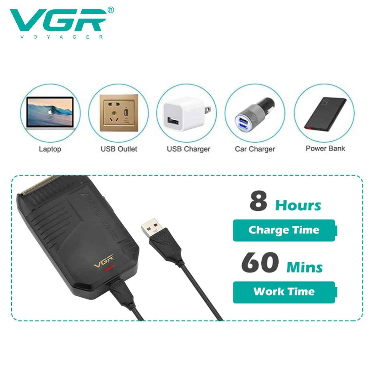 VGR V-375 USB charging diagram demonstrating compatibility with laptop, power bank, and car charger