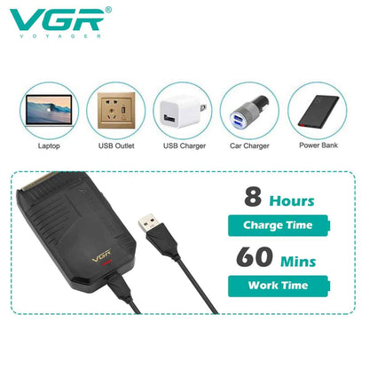 VGR V-375 USB charging diagram demonstrating compatibility with laptop, power bank, and car charger