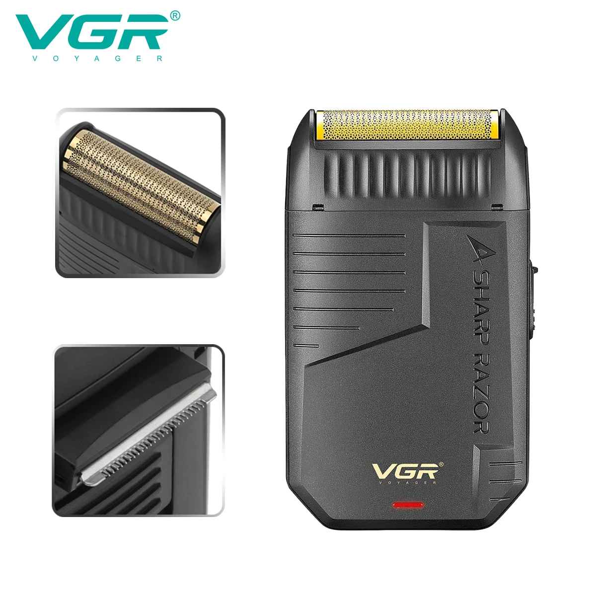 Close-up of VGR V-375 curved foil shaver head and built-in pop-up precision beard trimmer