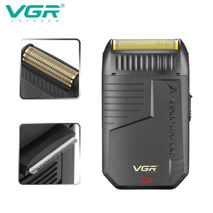 Close-up of VGR V-375 curved foil shaver head and built-in pop-up precision beard trimmer
