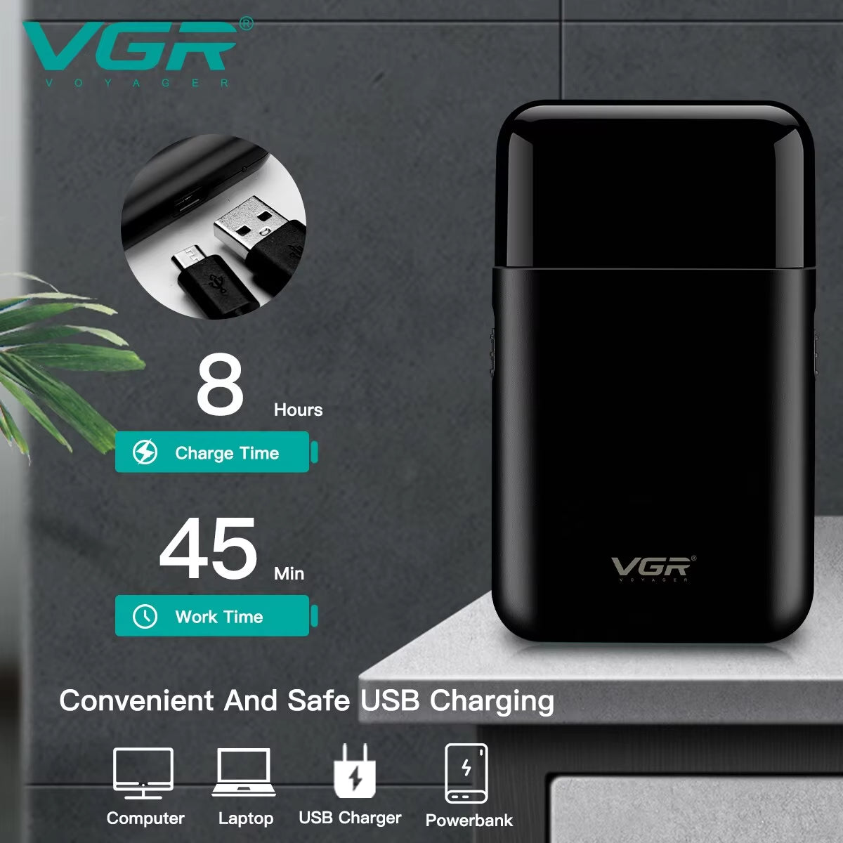 VGR V-390 USB Charging Shaver: 8 hours charge time for 45 minutes of cordless use. Portable shaving machine compatible with power banks and laptops.