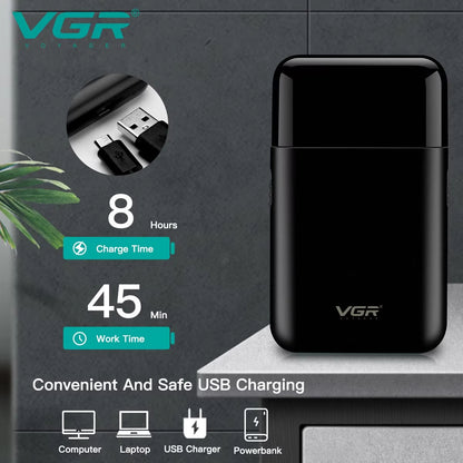 VGR V-390 USB Charging Shaver: 8 hours charge time for 45 minutes of cordless use. Portable shaving machine compatible with power banks and laptops.