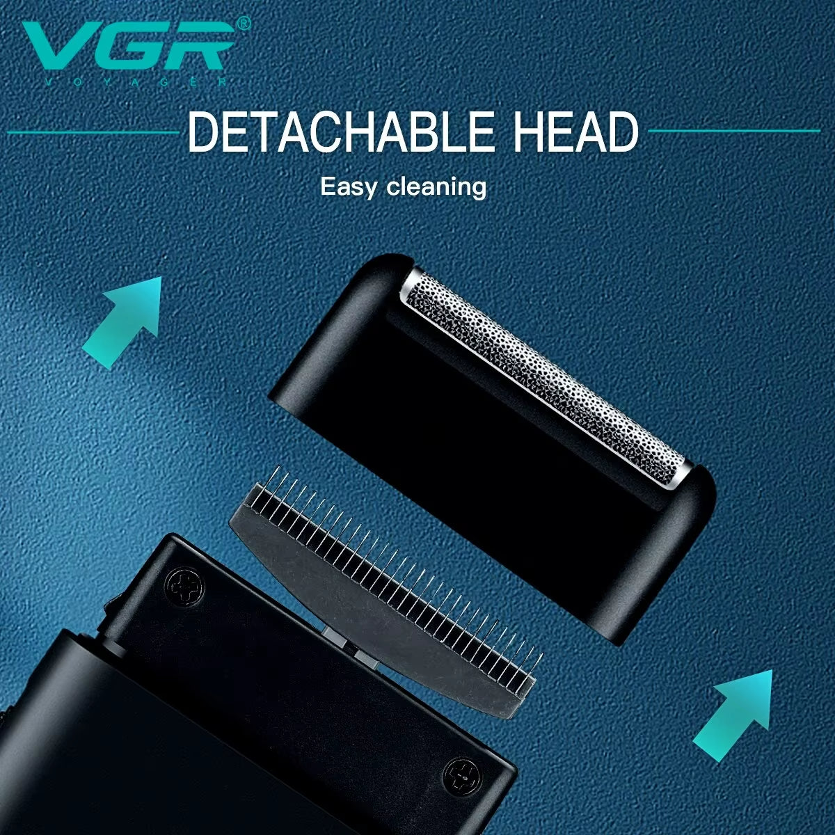 VGR V-390 detachable shaver head and removable blades for easy cleaning and maintenance. Washable foil components for hygienic grooming.