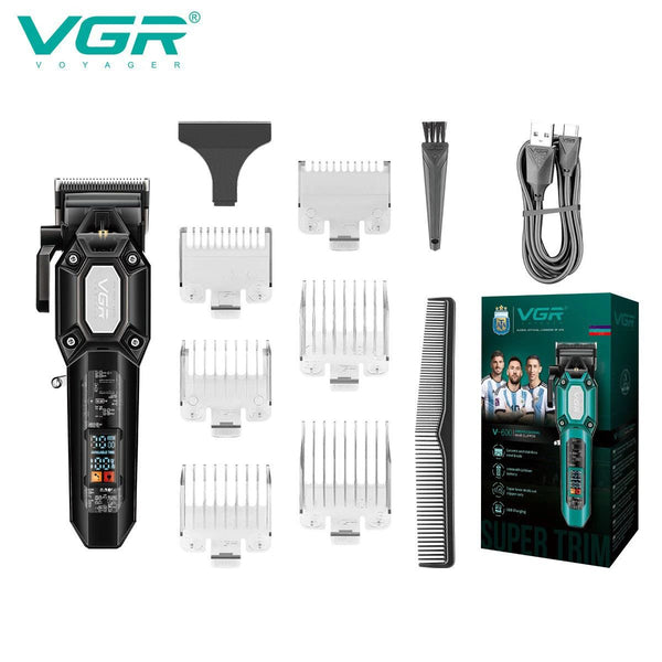 VGR V-600 professional hair clipper black edition with full accessories kit, 6 guide combs, USB cable, comb, and retail box packaging.