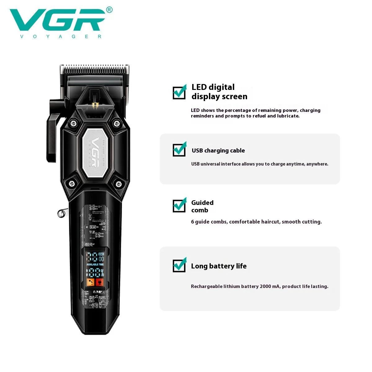 Infographic showing VGR V-600 trimmer features including LED digital display screen, USB charging cable interface, 6 guided combs, and 2000mAh battery life.
