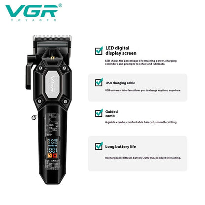 Infographic showing VGR V-600 trimmer features including LED digital display screen, USB charging cable interface, 6 guided combs, and 2000mAh battery life.