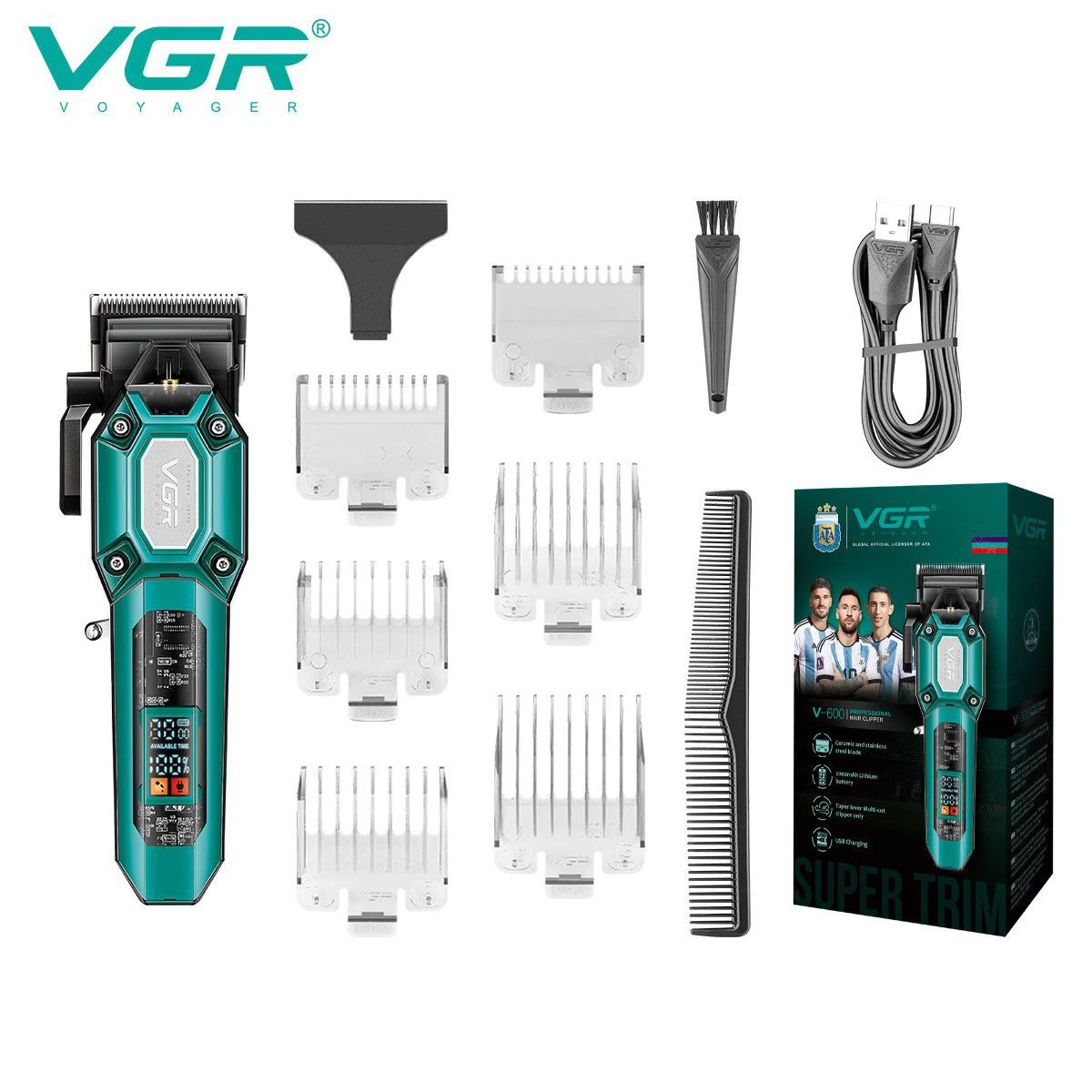 VGR V-600 transparent body hair trimmer in emerald green color variant displayed with complete attachment combs, cleaning brush, and original packaging box.