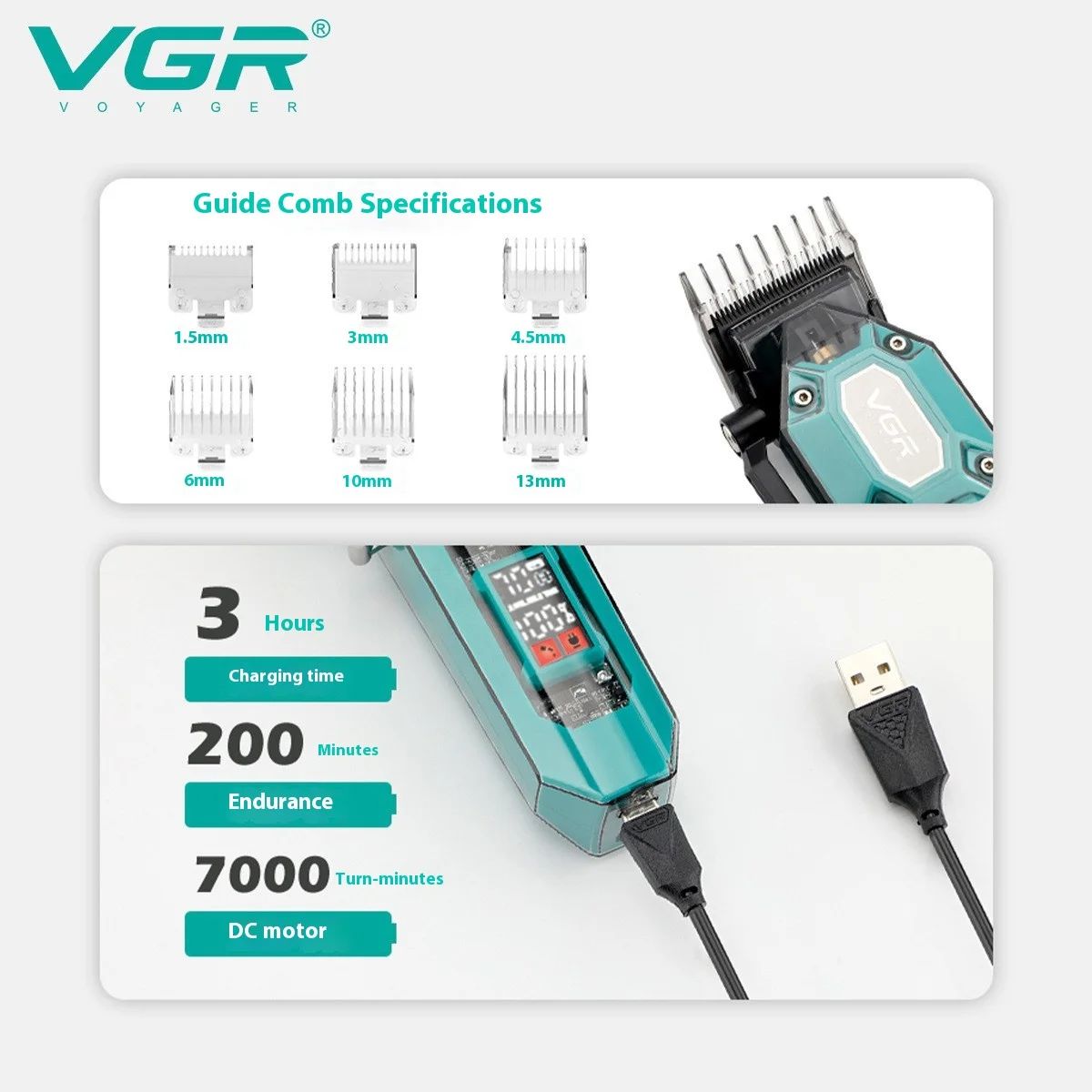 VGR V-600 guide comb specifications showing sizes from 1.5mm to 13mm alongside 3 hours charging time, 200 minutes runtime, and 7000 RPM DC motor details.