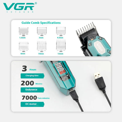 VGR V-600 guide comb specifications showing sizes from 1.5mm to 13mm alongside 3 hours charging time, 200 minutes runtime, and 7000 RPM DC motor details.