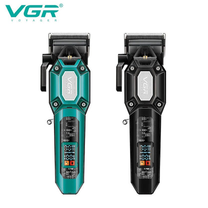 Front view comparison of VGR V-600 electric clippers in green and black color variants showcasing the transparent circuit board design and digital battery indicator.