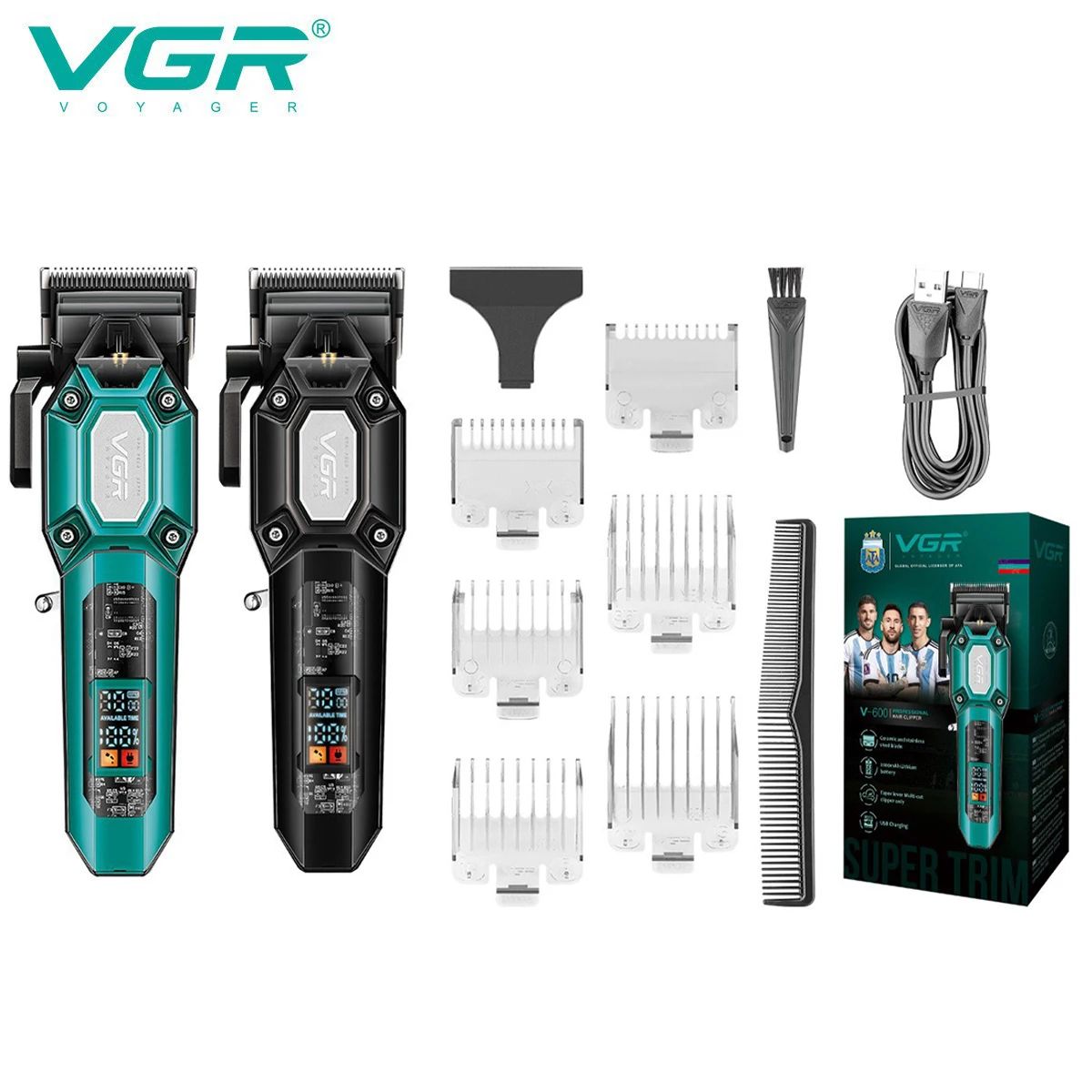 Complete product layout of VGR V-600 professional cordless trimmers in both colors with packaging box, charging cord, and haircutting accessories.