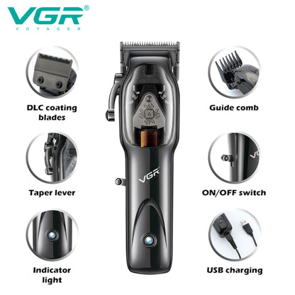 vgr v-653 cordless trimmer features showing dlc blades and taper lever