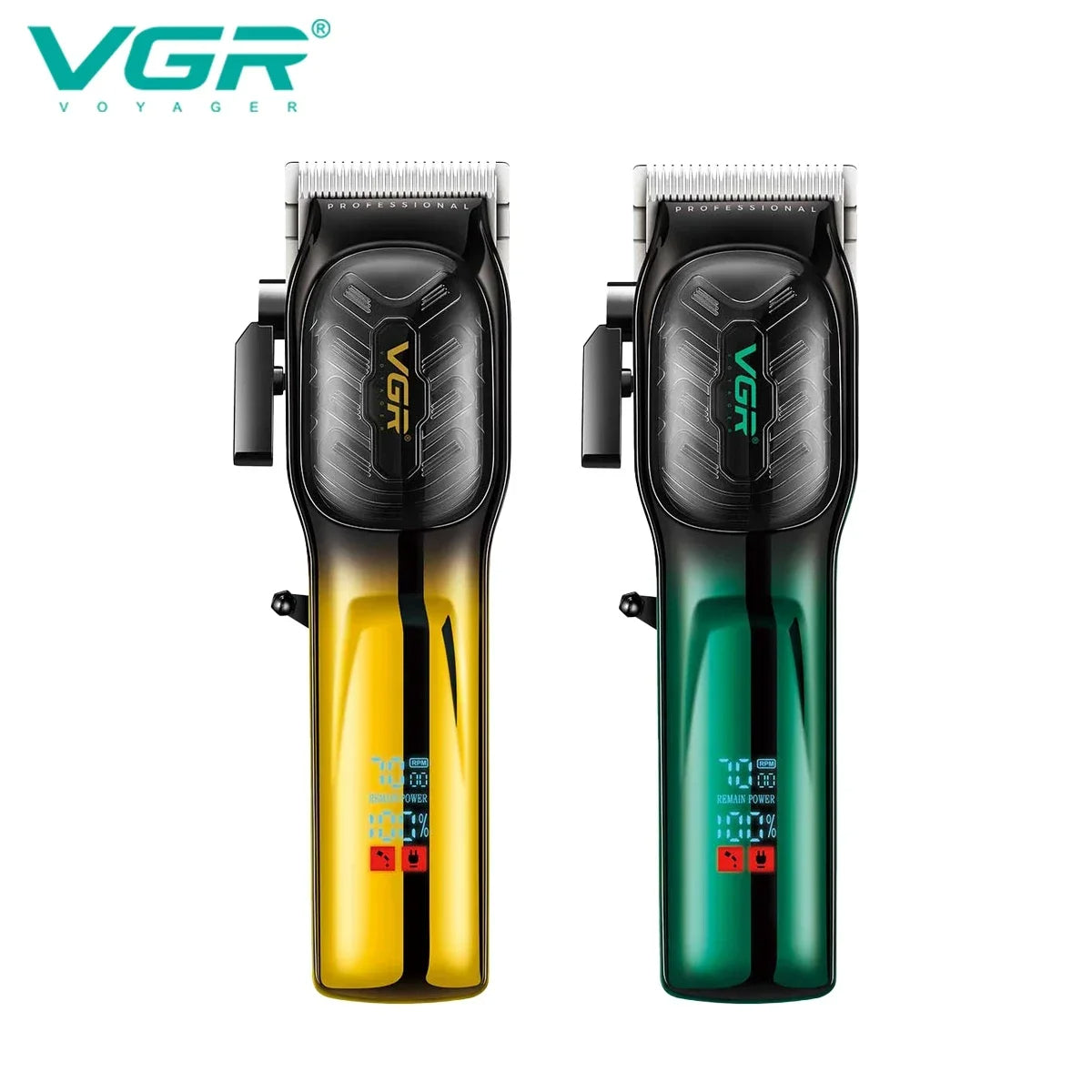 VGR V-654 professional hair clipper for men in gold and green colors with LED digital battery screens