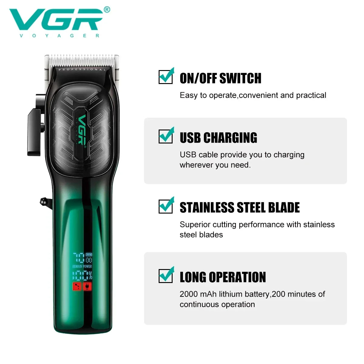 VGR V-654 rechargeable cordless trimmer features including stainless steel blades and 2000mAh battery details