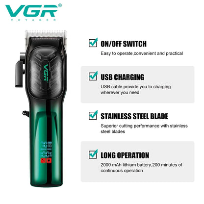 VGR V-654 rechargeable cordless trimmer features including stainless steel blades and 2000mAh battery details
