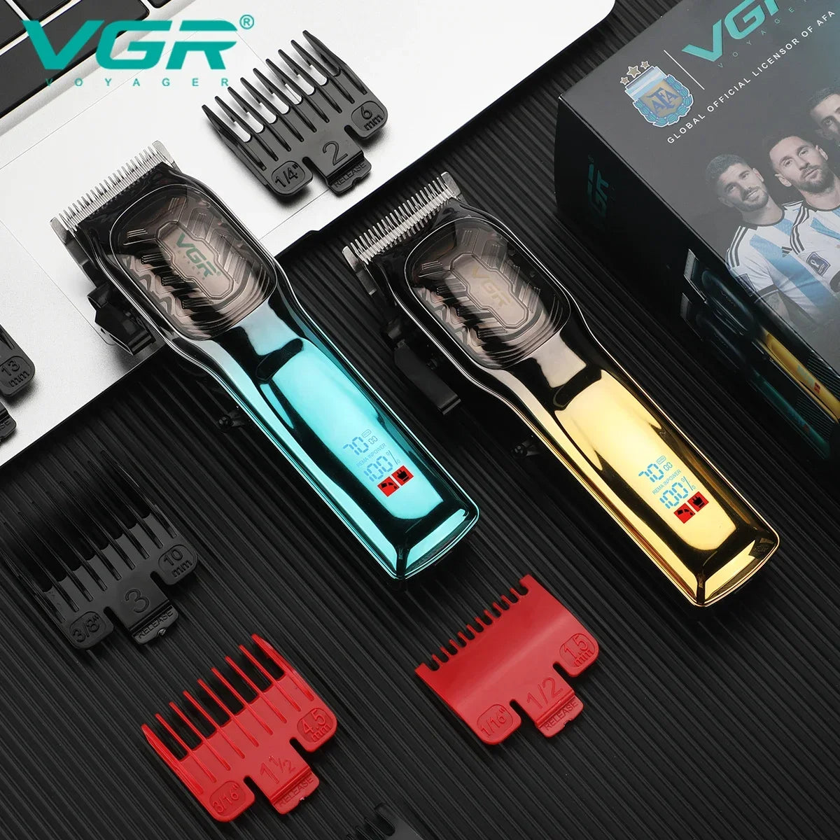 Premium gold and blue VGR V-654 electric trimmers displayed next to colorful attachment combs