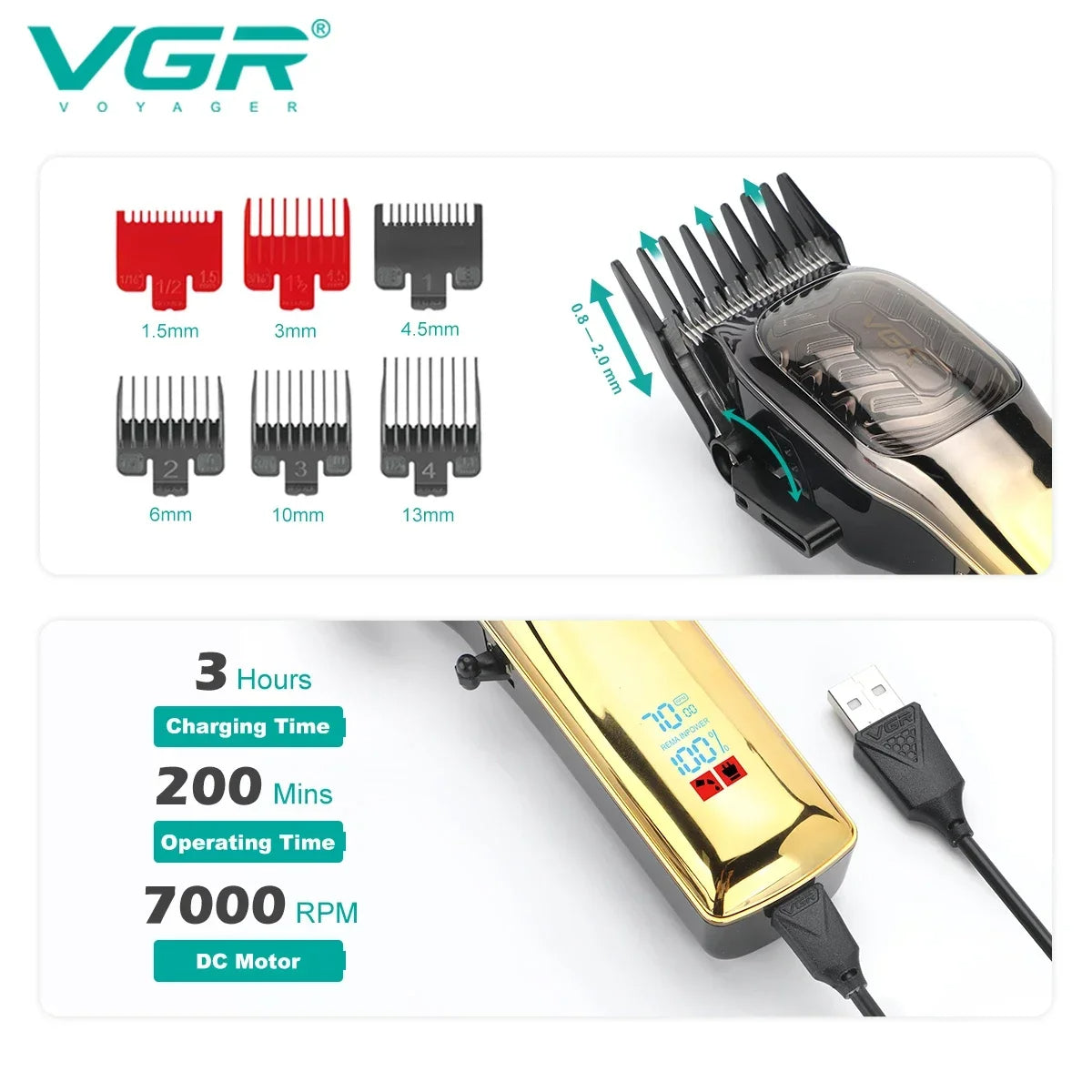 VGR V-654 taper lever length adjustments and USB fast charging cable with 7000 RPM motor specs