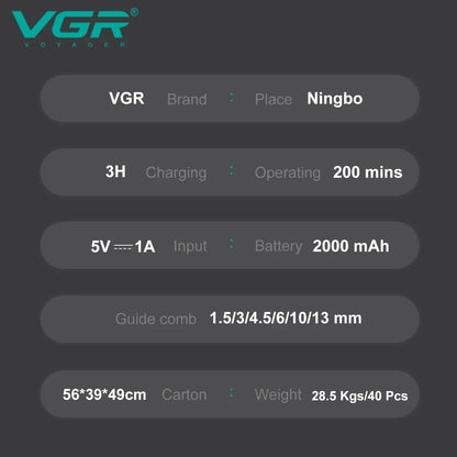 Technical specifications sheet for the VGR V-654 hair clipper showing battery capacity and guide comb sizes