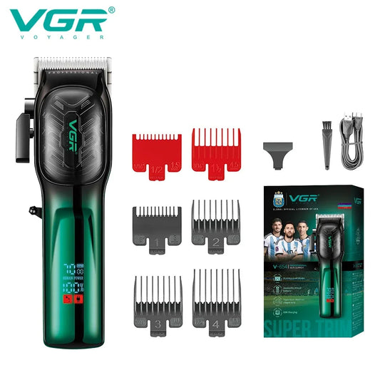 Full unboxing kit of VGR V-654 professional hair clipper set with packaging box, 6 guide combs, and charging cable