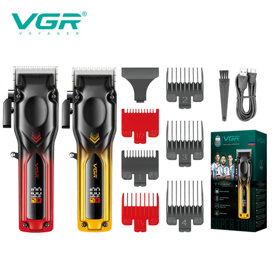 VGR V-656 professional hair clipper kit in red and gold gradient colors, featuring 5 premium guide combs, USB charging cable, and cleaning brush.