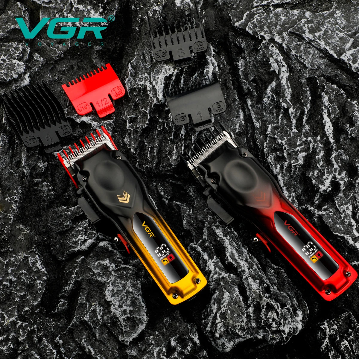 VGR V-656 professional hair clippers in gold and red gradient finishes with LED digital display and high-quality guide combs.